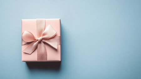 A beautiful pink gift box adorned with a soft ribbon sits elegantly on a light blue background, perfect for conveying joy and celebration in your projects.の素材