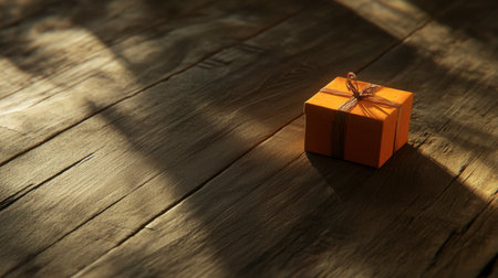 A small orange gift box sits elegantly on a wooden surface, illuminated by soft light and casting gentle shadows, creating a warm and inviting atmosphere.の素材