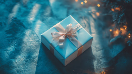 A beautifully wrapped gift box with a soft blue hue, adorned with a delicate ribbon, creates a warm and festive atmosphere for holiday celebrations.の素材