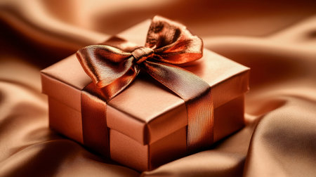 A beautiful gift box with a satin ribbon, resting on luxurious satin fabric. Perfect for celebrations, gifts, or decorative occasions, this image captures elegance and style.の素材