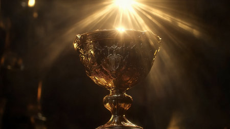 This stunning image captures a golden chalice radiating light, symbolizing elegance and spirituality. Perfect for themes of celebration and luxury.の素材