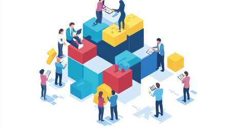 Engaging scene of diverse professionals collaborating on a project. They are using digital tools to solve puzzles, reflecting teamwork and creativity.の素材