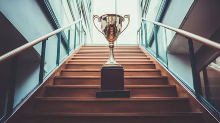 A shining trophy placed prominently on a staircase, symbolizing achievement and success. The modern indoor setting highlights elegance and prestige.の素材