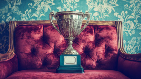 A vintage trophy gleams on a plush red sofa against a blue floral background, symbolizing achievement and success in an elegant setting.の素材