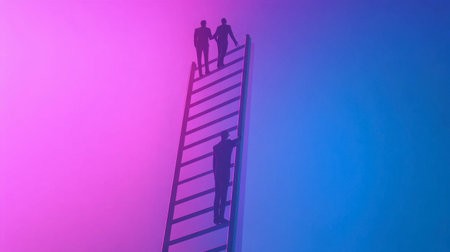 This abstract image features silhouetted figures climbing a colorful ladder against a vibrant background, symbolizing teamwork and the journey toward success.の素材