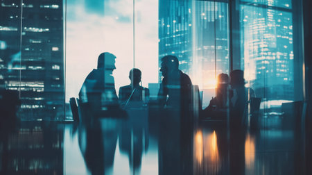 A group of business professionals engaged in a meeting, silhouetted by the glowing city skyline at sunset, representing modern teamwork and collaboration.の素材