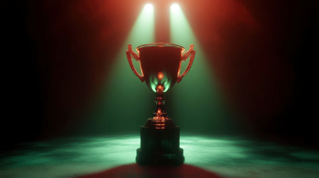 A striking trophy illuminated by dramatic stage lights, symbolizing victory and achievement, perfect for themes of competition and recognition in various contexts.の素材