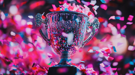 A vibrant trophy surrounded by colorful confetti captures the essence of celebration and achievement, ideal for events and recognition themes.の素材