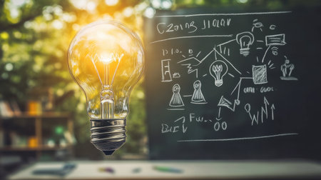A glowing light bulb symbolizes creativity and innovation, surrounded by sketches and ideas on a chalkboard, representing the power of imagination and learning.の素材