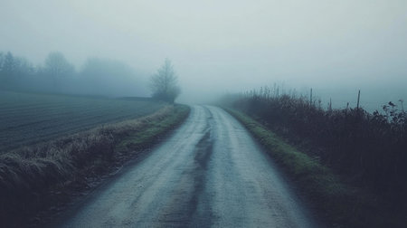 A serene and foggy road twists through a tranquil landscape, flanked by misty trees and a quiet countryside. Perfect for evoking a sense of solitude.の素材