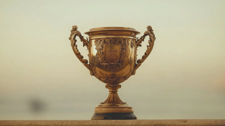A beautifully crafted vintage golden trophy stands out against a serene sunset background, symbolizing achievement and success. Perfect for showcasing accomplishment.の素材