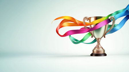 A stunning trophy adorned with colorful ribbons, symbolizing victory and achievement. Perfect for celebrating success in competitions and events.の素材
