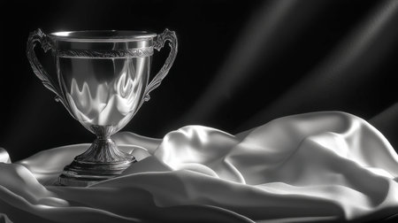 A stunning trophy elegantly placed on soft silk fabric, showcasing its shiny surface and intricate details. Perfect for themes of achievement and celebration.の素材