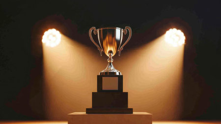 A gleaming trophy rests on a pedestal, illuminated by soft stage lights. This image symbolizes achievement and victory, perfect for celebrating success in various competitions and events.の素材