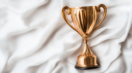 A gleaming golden trophy placed on a soft white fabric backdrop, symbolizing achievement and success in competitions or celebrations. Perfect for award-related themes.の素材