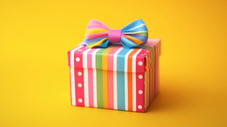 A vibrant and colorful gift box adorned with a playful ribbon sits against a bright yellow background, perfect for celebrating special occasions and joyful moments.の素材