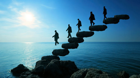 A silhouetted man walking on stones over calm water symbolizes the journey toward success and personal growth. The serene backdrop invites reflection and inspiration.の素材