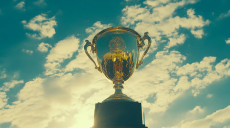 A stunning golden trophy shines against a vibrant sky filled with clouds and sunlight, symbolizing achievement and victory in any competition or celebration.の素材