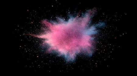 Vibrant cosmic explosion in outer space featuring a blend of pink and blue colors amidst countless stars, creating a vivid and imaginative atmosphere.の素材
