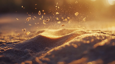 This stunning close-up captures dust particles illuminated by warm sunlight, creating an ethereal atmosphere. Perfect for themes of nature, tranquility, and serenity.の素材