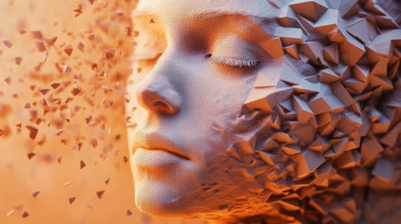 This abstract portrait showcases a fragmented human face, blending textures and shapes. The warm orange tones create an ethereal and futuristic vibe.の素材