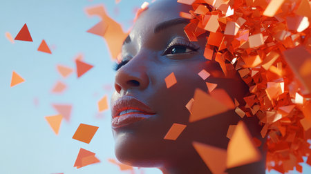 A striking portrait of a model with an abstract orange geometric hairstyle, creatively blending fashion and art. Ideal for vibrant visual concepts.の素材