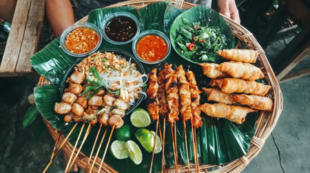 A vibrant platter of Asian street food featuring skewers, spring rolls, fresh vegetables, and dipping sauces, perfect for sharing and enjoying.の素材
