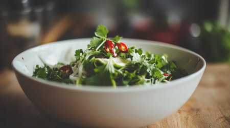 A vibrant bowl of fresh salad featuring mixed herbs and cherry tomatoes, perfect for healthy meals or garnishes in a culinary presentation.の素材