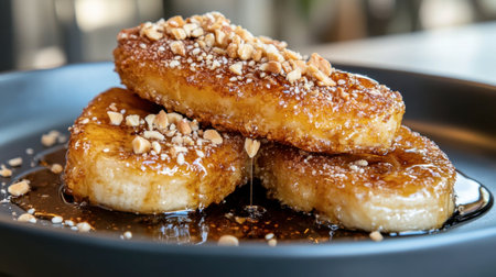 Enjoy a tempting plate of golden fried bananas drizzled with syrup and topped with crunchy nuts, perfect for dessert or a sweet snack at any time.の素材