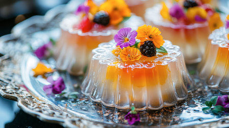 This vibrant image showcases elegant jelly desserts adorned with edible flowers, perfect for summer celebrations and gourmet presentations.の素材