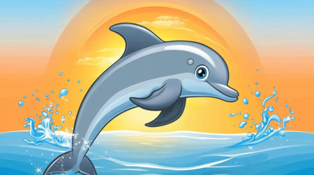 Colorful illustration of a joyful dolphin jumping out of blue ocean waves under a bright sun, capturing the essence of fun and adventure in nature.の素材