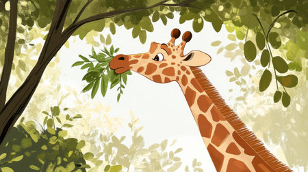A charming illustration of a curious giraffe munching on leaves in a vibrant, lush setting. This playful animal scene captures the beauty of wildlife and nature.の素材