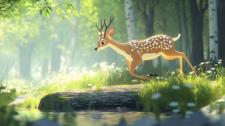 A charming animated deer leaps joyfully beside a peaceful stream, surrounded by a lush forest filled with vibrant greenery and soft sunlight.の素材