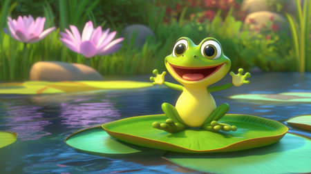 A playful, cheerful frog sits on a lily pad in a tranquil pond, surrounded by blooming flowers. This vibrant and colorful scene captures the essence of nature's beauty and joy.の素材