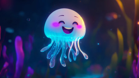 Discover a charming jellyfish character with a joyful smile, surrounded by vibrant underwater scenery, perfect for fun and creative projects.の素材
