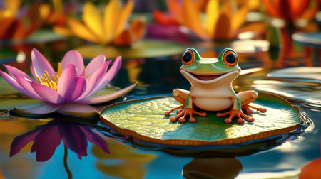 A charming frog sits on a lily pad surrounded by vivid flowers in a tranquil pond. This vibrant scene captures the essence of nature's beauty and harmony.の素材