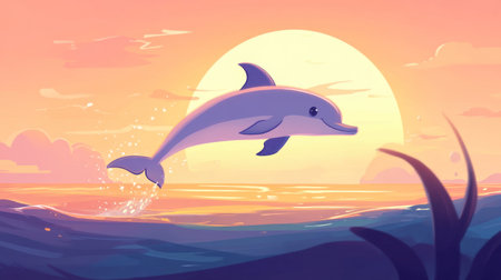 A vibrant illustration of a dolphin joyfully leaping over ocean waves at sunset. The warm colors create a serene atmosphere, capturing the beauty of nature.の素材