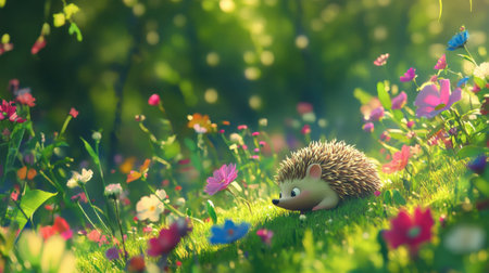 A charming hedgehog rests amidst a vibrant flower field, capturing the essence of a serene spring day filled with beauty and color in nature.の素材