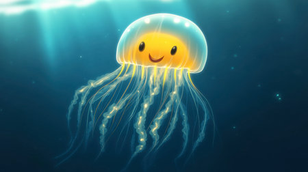 A whimsical and cheerful jellyfish gracefully floats in the clear blue ocean, creating a serene and vibrant underwater scene filled with light and tranquility.の素材