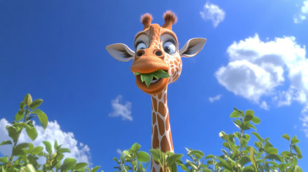 A cheerful cartoon giraffe munches on leaves under a bright blue sky, capturing a sense of playfulness and joy in a vibrant outdoor setting.の素材