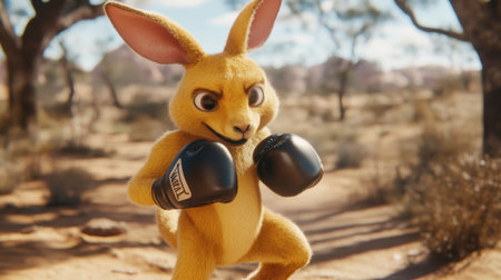 A cartoon rabbit with boxing gloves exudes confidence and energy in a vibrant outdoor setting, perfect for conveying themes of fun and adventure.の素材