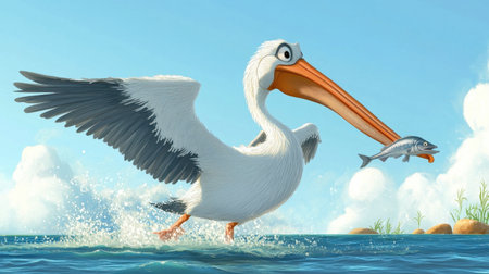 A lively pelican catches a fish while splashing through calm waters. This vibrant illustration captures the essence of nature and the joy of wildlife.の素材