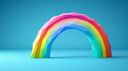 A vibrant low-poly rainbow design set against a soft blue background, creating a cheerful and modern aesthetic suitable for various artistic purposes.の素材
