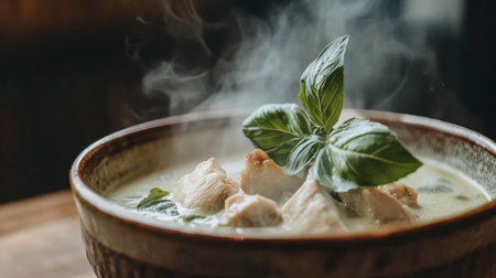 A bowl of steaming soup featuring tender chicken pieces, fresh herbs, and a hint of basil. Perfect for a cozy meal, this dish symbolizes comfort and flavor.の素材