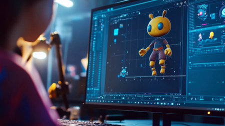 A digital artist working on a vibrant animated character design using advanced software, showcasing creativity and modern technology in a studio setting.の素材