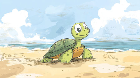 A cheerful cartoon turtle smiles while sitting on the sandy beach, with bright ocean waves and a clear sky in the background, perfect for a vibrant design.の素材