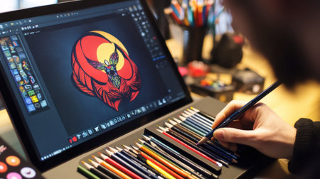 A close-up of an artist using a tablet to create vibrant digital art, surrounded by colorful pencils, showcasing the blend of traditional and modern artistry.の素材
