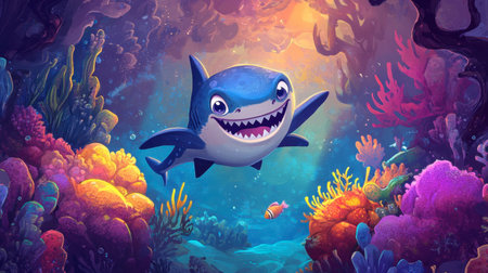 A cheerful cartoon shark swims through a vibrant coral reef, surrounded by colorful marine life and an enchanting underwater landscape, perfect for children's themes.の素材