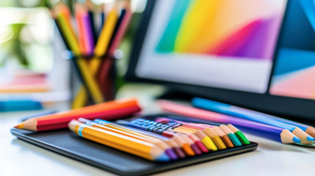 A vibrant arrangement of colored pencils and art supplies on a creative workspace, featuring modern technology and a bright aesthetic that inspires creativity.の素材