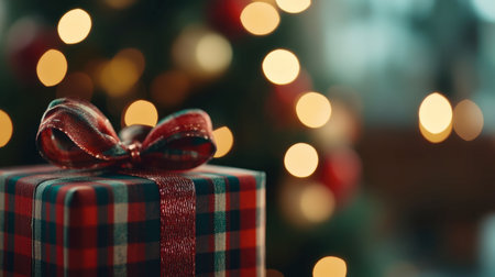 A beautifully wrapped Christmas gift box with a shimmering ribbon, set against a backdrop of festive holiday lights, creating a warm and joyful atmosphere.の素材